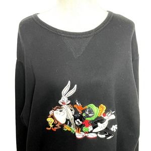 Disney Black Sweatshirt Embroidered Unisex WB Size Xl Tweety Bugs Taz Daffy